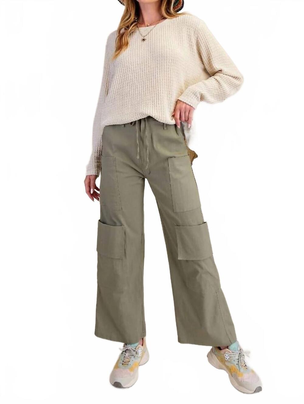 NEW EASEL poly linen cargo wide pants in olive